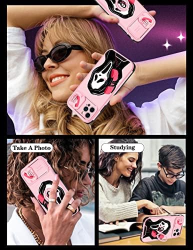 GOOCRUX (2IN1 לאייפון 12 PRO MAX שלד גולגולת לנשים נערות נערות חמודות עטיפות טלפון ורוד חמוד עיצוב גותי עם כיסוי מצלמת שקופיות+מקרים של