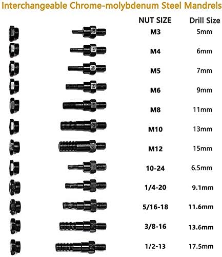 RZX 16 כלי אגוז מסמרת מסמרת עיוורת יד עיוורת, כלים מסמרת Rivnut עם מערכת הגדרת אגוזים לחלוטין 12 מנדרים M3 M4 M5, M6, M8, M10 M12, 10-24,