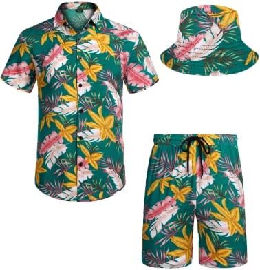 חולצה הוואי של קואופנדי הגברים והפרח הקצר של פרח תלבושת חוף עם כובעי דלי