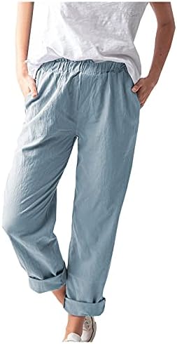 מכנסי פשתן של Rdegoocha לנשים כפתורי מכנסיים קצוצים כיס מותניים אלסטיים גבוהים קיץ עבודה מזדמן מכנסי יבול נמתחים קפריס