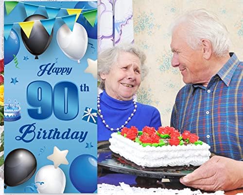 שמח 90 יום הולדת כחול באנר רקע בלוני כוכבים קונפטי לחיים כדי 90 שנים נושא קישוטי דלת מרפסת דקור מתנות לזכר גברים 90 מסיבת יום הולדת 90