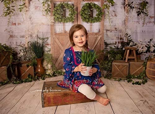 קייט לבן צבוע לבנים קיר עץ דלת צילום תפאורות 7 * 5 רגל אביב ירוק דשא ופרחים תמונה רקע תינוק מקלחת רקע פוטושוט אבזרי