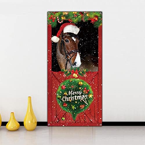 מצחיק החג שמח דלת כיסוי חג המולד סוס מול דלת באנר קישוט חג המולד קישוט אספקת מסיבת חג המולד רקע צילום רקע חג המולד חג החווה דלת קישוט