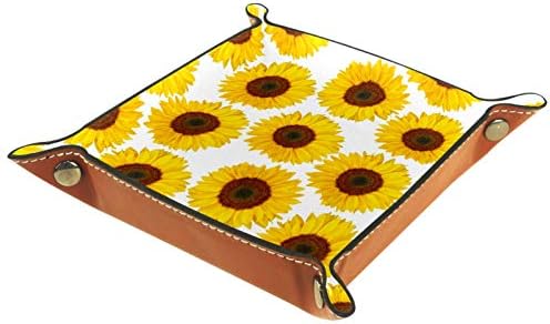 דפוס פרחים חמנית צהובה ליטני מארגן לבן מארגן מגש אחסון מיטה מיטה קאדי שולחן עבודה מגש החלפת ארנק מפתח קופסת מטבעות מגש מגש שירות, 20.5x20.5
