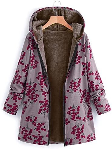 מעילי חורף של Cokuera נשים חורפיות סיבתיות שרוול ארוך רוכסן מעיל ברדס ברדס עבה הדפס פרחים וינטג