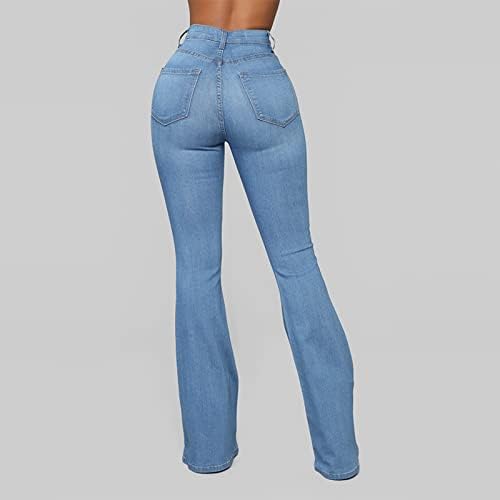 מכנסיים של Miashui Jean לנשים באופנת נשים גבוהה צבע אחיד ג'ין מכנס התלקחות רצפת רצפה הרמת ג'ינס דק גודל