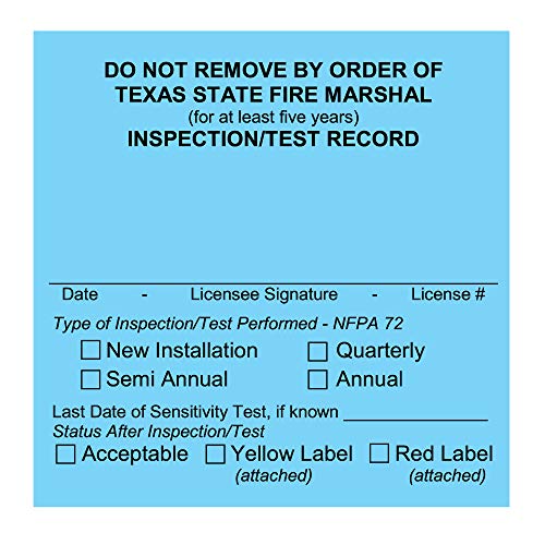 מערכת אזעקת אש של טקסס תוויות מודפסות בהתאמה אישית - כרטיסי תחזוקה לבדיקה ורשומת בדיקה - חבילה של 100