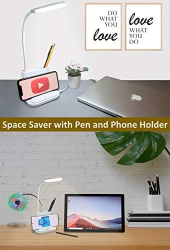 מנורת שולחן LED למשרד - נטענת עם יציאת טעינה USB - יציאת נוחות USB - גמישה - אור לבן/חם, בהירות מתכווננת - מחזיק עט וטלפון - עבודה ולימוד