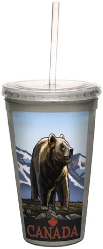 ברכות ללא עצים CC33350 וינטג 'קנדה דוב גריזלי מאת פול א. לנקוויסט מטייל אומנותי כוס מגניבה כפולה עם קש לשימוש חוזר, 16 גרם
