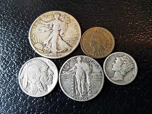 מטבעות כסף ישנים של ארהב 5 סט אוסף מטבעות - ראש ההודי סנט ההודי, ניקל באפלו, Dime Mercury, רובע החירות העומד, הליכה חצאית חצי דולר סימני