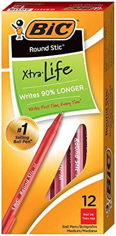 BIC Round Stic Xtra Life Ballpoint עט, נקודה בינונית, אדום, 12-ספירות