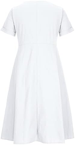 שמלת פשתן כותנה לנשים קיץ שמלות חולצות שרוול קצרות של שרוול מזדמן כפתור למטה שמלת נדנדה צוואר עם כיסים