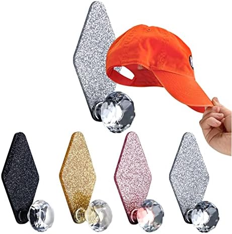 Baoswi 4 חבילה ווים קיר דבק עצמי, ווים זכוכית גבישים בצורת יהלום מחזיקת שרשרת מחזיקת שרשרת קיר תכשיטים רכובים מארגן בגדים ווים כובע כובע