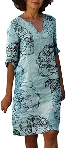 שמלת icodod שמלת נשים 2023 קיץ רטרו פרח דפוס פרח נ 'צוואר כותנה אמצע שמלות שרוולים קצרים לנשים