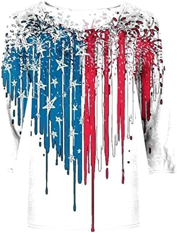 צמרות יום עצמאות לנשים אופנה הדפס דגל אמריקאי 3/4 טיז שרוול צווארון קז'ואלי של חולצות 4 ביולי חולצות