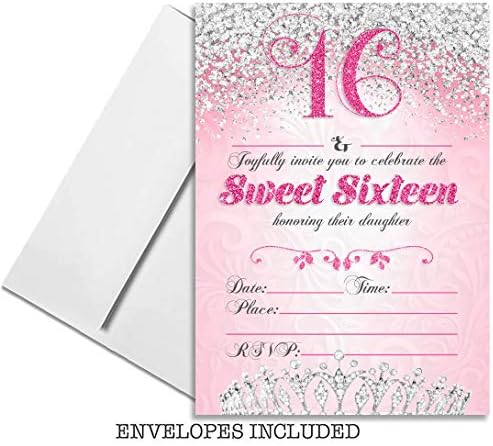 Sweet Sixteen 16 מסיבת יום הולדת הזמנות דו צדדיות, סט של 25 5x7, הזמנות יום הולדת 16 של הילדה כוללות מעטפות