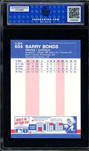 כרטיס טירון של בארי בונדס 1987 Fleer 604 ISA 10 פנינה מנטה