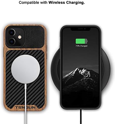 טנדלין תואם ל- iPhone 12 Case/iPhone 12 Pro תבואה עץ מארז עם מרקם סיבי פחמן עיצוב עור היברידי