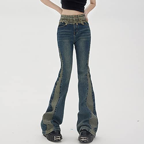 מכנסיים סרוג ג'ינס מכנסי טלאים וינטג 'מותניים גבוהים ג'ינס מתרחבים נשים פשוטות ומתוחכמות נמתחות רגל ישרה