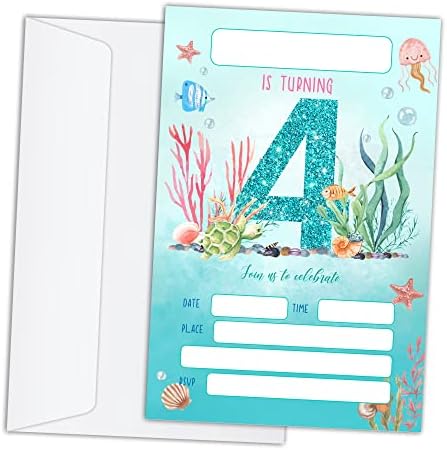 RLCNOT כרטיסי הזמנות ליום הולדת עם מעטפות סט של 20 - אוקיינוס ​​מתחת לים הזמנות למסיבת יום הולדת רביעית לילדים, בנים או בנות, חגיגת מסיבות