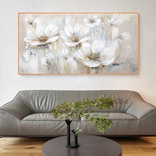 ציור שמן בעבודת יד על בד אלגנטי גבוה וישר לבן פרחים יפים צמחים טבעיים