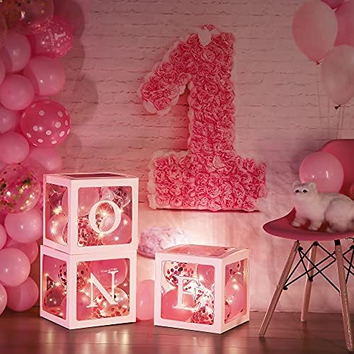 קופסאות בלוני יום הולדת ראשון, בלוקים בלונים לבנים שקופים אחד עם 3 אורות מיתר LED ו 32 בלונים לילדה ילד תינוקת קישוטים למסיבת יום הולדת