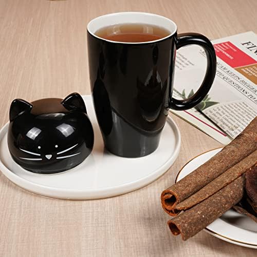 חמוד חתול קפה ספל עם מכסה מתנה עבור חתול מאהב ייחודי קרמיקה כוס פורצלן תה ספלי עבור בנות נשים 15 עוז שחור
