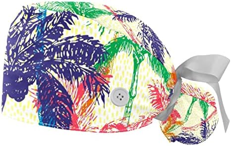 כובעים רפואיים של Ratgdn לנשים עם כפתורים שיער ארוך, כובע עבודה מתכוונן 2 חלקים, עצי דקל בצבעי מים