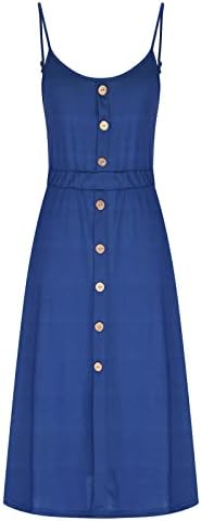 שמלות מקסי של נשים 2023 רצועת ספגטי קיץ נ 'צוואר שמלת קאמי שמלת מותניים גבוהה כפתור מוצק למטה שמלת א-קו ללא שרוולים