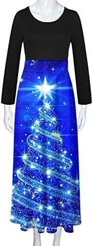 שמלות חג המולד של Sunaei לנשים 2023 שמלות ארוכות מתנדנדות טלאים אימפריה מותניים מותניים עץ חג המולד הדפס שמלת מקסי רופפת