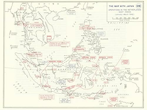 מלחמת העולם 2. ינואר-מרץ 1942. אופס הודו המזרחית ההולנדית היפנית. אינדונזיה - 1959 - מפה ישנה - מפה עתיקה - מפת וינטג ' - מפות מודפסות