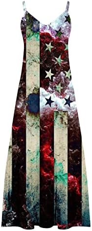 שמלת יום העצמאות לנשים שמלות מקסי טנק מזדמנים קיץ ללא שרוולים עם צוואר וי 4 ביולי שמלת מקסי דגל אמריקאי